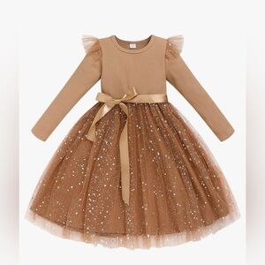 Brown Long Sleeve Tulle Dress with Bow